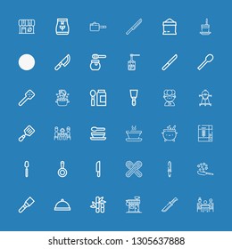 Editable 36 spoon icons for web and mobile. Set of spoon included icons line Dinner, Knife, Coffee shop, Sugar cane, Spatula, Cooking, Wooden spoon, Pan, on blue background