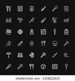 Editable 36 spoon icons for web and mobile. Set of spoon included icons line Spatula, Menu, Sugar, Cutlery, Slotted spoon, Cooking, Knife, Sugar cane, Soup on black background