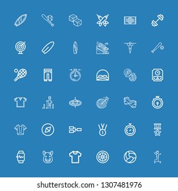 Editable 36 sport icons for web and mobile. Set of sport included icons line Skateboarding, Ball, Wheel, Shirt, Boar, Smartwatch, Medal, Stopwatch, Competition on blue background