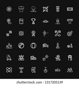 Editable 36 sport icons for web and mobile. Set of sport included icons line Marathon, Snowmobile, Monocycle, Kayak, Trophy, Dumbbell, Slide, Ninja, Dice, Shoe on black background