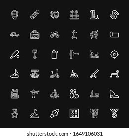 Editable 36 sport icons for web and mobile. Set of sport included icons line Medal, Golfer, Dice, Watch, Achievement, Shoe, Scooter, Bowling, Hiking, Paintball on black background