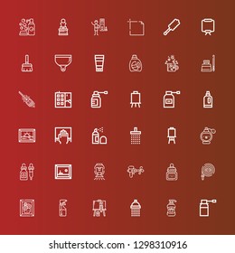 Editable 36 spray icons for web and mobile. Set of spray included icons line Spray, Shampoo, Shower, Painting, Hose, Ink, Water gun, Sprinkler, Perfume, Canvas, Cleaning on red