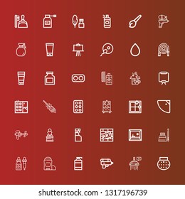 Editable 36 spray icons for web and mobile. Set of spray included icons line Shower, Water gun, Shampoo, Deodorant, Ink, Painting, Graffiti, Cleaning spray, Art, Clean window on red