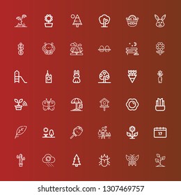 Editable 36 spring icons for web and mobile. Set of spring included icons line Sprout, Butterfly, Beetle, Forest, Rain, Plants, Saint Patrick, Flower, Environment, Rose on red