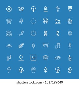 Editable 36 spring icons for web and mobile. Set of spring included icons line Plant, Tree, Leaf, Umbrella, Bug detector, Bush, Easter eggs, Scout, Suspension on blue background