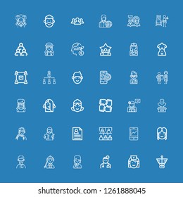 Editable 36 staff icons for web and mobile. Set of staff included icons line Caduceus, Nurse, Doctor, Girl, Man, Visitor, Audience, CV, Bust, Teamwork, Maid on blue background