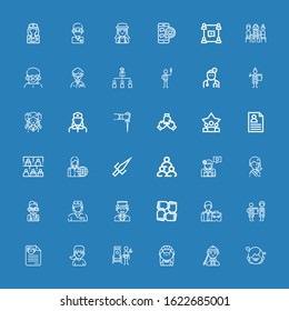 Editable 36 staff icons for web and mobile. Set of staff included icons line Girl, Man, Maid, Doorman, CV, Doctor, Employee, Teamwork, Nurse, Sai, Audience on blue background