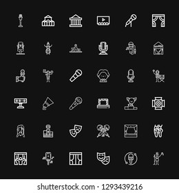 Editable 36 stage icons for web and mobile. Set of stage included icons line Pop singer, Microphone, Theatre, Curtains, Ballet, Stage, Theater, Podium, Singer on black background