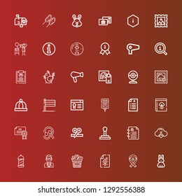 Editable 36 stamp icons for web and mobile. Set of stamp included icons line Rabbit, Ribbon, Contract, Chicken, Guide, Barbershop, Download, Stamp, Cotton, Certificate on red