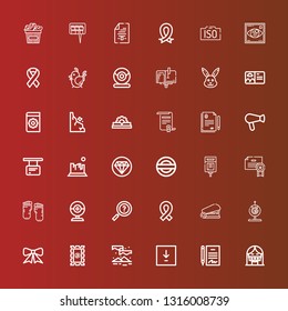 Editable 36 stamp icons for web and mobile. Set of stamp included icons line Censor, Contract, Download, Aurora, Stamp, Ribbon, Webcam, Staple, Information, Barefoot, Certificate on red