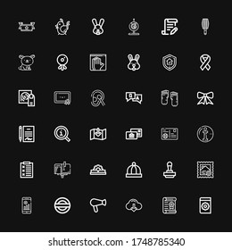 Editable 36 stamp icons for web and mobile. Set of stamp included icons line Manual, Certificate, Download, Hair dryer, Guarantee, No wifi, Stamp, Baby hat on black background