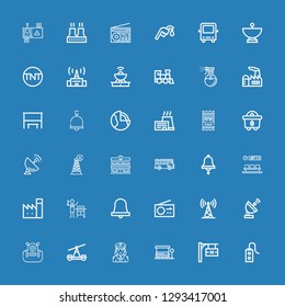 Editable 36 station icons for web and mobile. Set of station included icons line Controller, Hotel signal, Bus stop, Police, Train, Alien, Satellite dish, Antenna on blue background