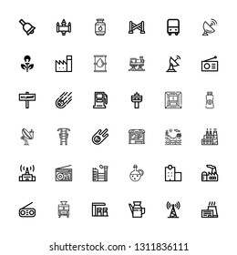 Editable 36 station icons for web and mobile. Set of station included icons line Factory, Antenna, Oil, Gas station, Train, Radio, Police Signal, Geology on white background
