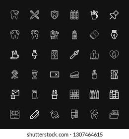 Editable 36 stationery icons for web and mobile. Set of stationery included icons line Tooth, Sketchbook, Pen, Colored pencils, Crayons, Crayon, Font, Pencil case on black background