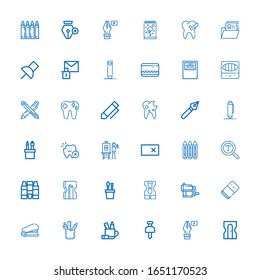 36 iconos editables de diseño de fondo para web y móvil. Conjunto de diseños de fondo incluidos iconos línea Sharpener, punto de anclaje, Pushpin, estuche de lápiz, grapas, borrador, lápices de colores sobre fondo blanco