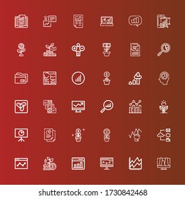 Editable 36 statistic icons for web and mobile. Set of statistic included icons line Analytics, Line chart, Graph, Growth, Data, Analysis, Statistics, Anywhere, Chart, Bars graphics on red