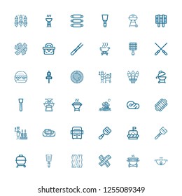 Editable 36 steak icons for web and mobile. Set of steak included icons line Grill, Bacon, Spatula, Bbq, Burger, Steak, Churrasco, Meat, Picnic, Skewer, Barbecue on white background