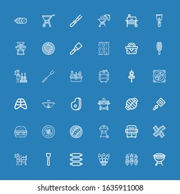 Editable 36 steak icons for web and mobile. Set of steak included icons line Bbq, Skewer, Ribs, Spatula, Grill, Bacon, Barbecue grill, Oyster omelette, Burger on blue background