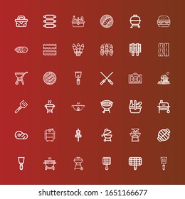 Editable 36 steak icons for web and mobile. Set of steak included icons line Spatula, Grill, Barbecue grill, Bbq, Skewer, Barbecue, Meat, Picnic, Skewers, Bacon, Salami on red