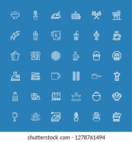 Editable 36 steam icons for web and mobile. Set of steam included icons line Pot, Soup, Iron, Sauna, Cappuccino, Hot pot, Locomotive, Coffee maker, Pan, Railway on blue background