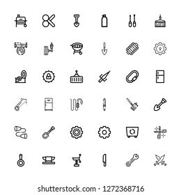 Editable 36 steel icons for web and mobile. Set of steel included icons line Swords, Wrench, Knife, Spring, Anvil, Pan, Scissors, Container, Settings, Gear on white background