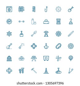 Editable 36 steel icons for web and mobile. Set of steel included icons line Safety pin, Crane, Eiffel tower, Hammer, Screw, Pipe, Electrode, Scissors, Container on white background
