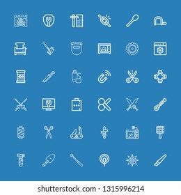 Editable 36 steel icons for web and mobile. Set of steel included icons line Cutter, Shuriken, Electrode, Magnetic, Shovel, Screw, Grill, Microwave, Sword, Swiss army knife on blue background