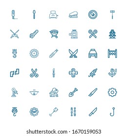 Editable 36 steel icons for web and mobile. Set of steel included icons line Hook, Knife, Piston, Shovel, Settings, Crane, Cutter, House key, Grill, Hammer on white background
