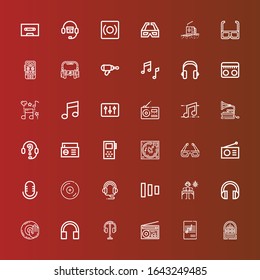 Editable 36 stereo icons for web and mobile. Set of stereo included icons line Jukebox, Music, Radio, Headphones, Dj music, DJ, Fade buttons, Vinyl, Audio, d glasses, Record on red
