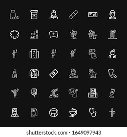 Editable 36 stethoscope icons for web and mobile. Set of stethoscope included icons line Doctor, Stethoscope, Medicine, Health, Hospital, Veterinarian, Saline on black background