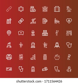 Editable 36 stethoscope icons for web and mobile. Set of stethoscope included icons line Doctor, Stethoscope, Medicine, Medicines, Veterinarian, Eye jar, Lab coat, Nurse on red