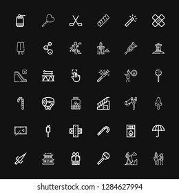 Editable 36 stick icons for web and mobile. Set of stick included icons line Old man, Hiking, Lollipop, Hugging, Dojo, Sai, Wet protect, Matches, Candy cane on black background