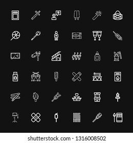 Editable 36 stick icons for web and mobile. Set of stick included icons line Matches, Cane, Sticks, Marshmallow, Plaster, Orchestra, Skewer, Arcade game, Friends on black background