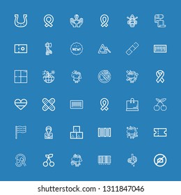 Editable 36 sticker icons for web and mobile. Set of sticker included icons line No camera, Butcher, Barcode, Unicorn, Cherry, Cotton, Coupon, Sugar cube, Hippie on blue background