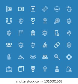 Editable 36 sticker icons for web and mobile. Set of sticker included icons line Shopping, Hippie, Ribbon, Barcode, Bandages, Patch, Triangle, Throw, Guarantee on blue background