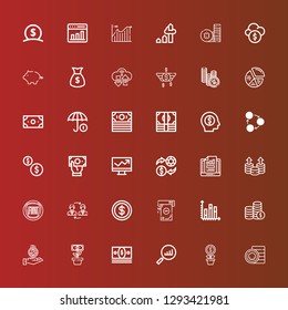 Editable 36 stock icons for web and mobile. Set of stock included icons line Coin, Growth, Statistics, Money, Coins, Chart, Exchange, Fiat, Line chart, Funds, Piggy bank on red