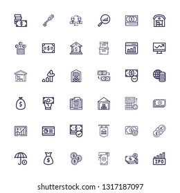 Editable 36 stock icons for web and mobile. Set of stock included icons line Ipo, Money, Coin, Funds, Bank, Graph, Statistics, Yuan, Budget, Storehouse, Growth on white background