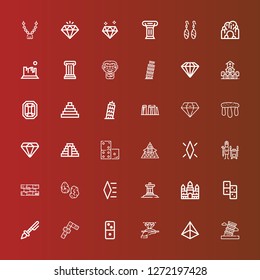 Editable 36 stone icons for web and mobile. Set of stone included icons line Pisa, Pyramid, Diamond, Dominoes, Prehistoric, Domino, Angkor wat, Inukshuk, Runes, Bricks on red