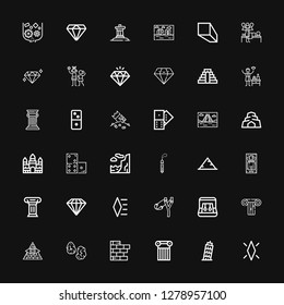 Editable 36 stone icons for web and mobile. Set of stone included icons line Diamond, Pisa, Column, Brick wall, Runes, Pyramid, Earrings, Slingshot, Massage on black background