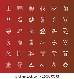 Editable 36 stone icons for web and mobile. Set of stone included icons line Diamond, Earrings, Cave, Pyramid, Caveman, Pisa, Column, Massage, Brick wall, Rocks, Idol, Minerals on red