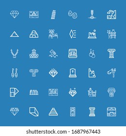 Editable 36 stone icons for web and mobile. Set of stone included icons line Pedestal, Column, Massage, Pyramid, Minerals, Diamond, Caveman, Tandoor, Stonehenge on blue background