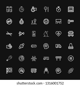 Editable 36 stop icons for web and mobile. Set of stop included icons line Watch, Power, Parasite, Bus, No smoking, Red cross, Pause, Barricade, Biohazard on black background