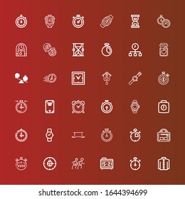 Editable 36 stopwatch icons for web and mobile. Set of stopwatch included icons line Kimono, Stop watch, Alarm clock, Race, Clock, Stopwatch, Gym, Exercise, Wristwatch on red