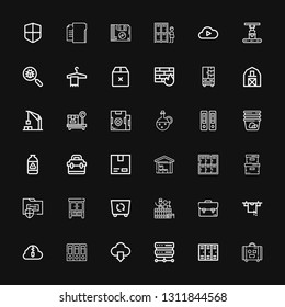 Editable 36 storage icons for web and mobile. Set of storage included icons line Suitcase, Lockers, Server, Cloud computing, Archives, Zip cloud, Clothes hanger on black background