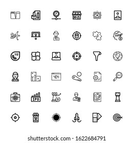 Editable 36 strategy icons for web and mobile. Set of strategy included icons line Target, Domino, Startup, Market, Rook, Business, Businessman, Ipo, Search engine on white background