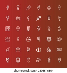 Editable 36 strawberry icons for web and mobile. Set of strawberry included icons line Ice cream, Chocolate bar, Strawberry, Jam, Carambola, Plum, Fruit, Fruits, Kiwi, Ice cream cone on red