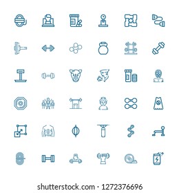Editable 36 strength icons for web and mobile. Set of strength included icons line Energy drink, Weight plates, Dumbbell, Weightlifting, Rope, Bench press on white background