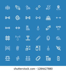 Editable 36 strength icons for web and mobile. Set of strength included icons line Energy drink, Vitamins, Carabiner, Dumbbell, Broken link, Roman helmet, Punching bag on blue background