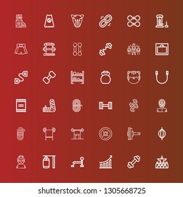 Editable 36 strength icons for web and mobile. Set of strength included icons line Mass, Weight, Performance, Bench press, Punching bag, Sumo, Dumbbell, Weightlifting, Rope on red