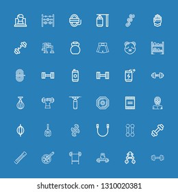 Editable 36 strength icons for web and mobile. Set of strength included icons line Dumbbell, Barbell, Weightlifting, Bench press, Chain, Rope, Weight, Roman helmet on blue background